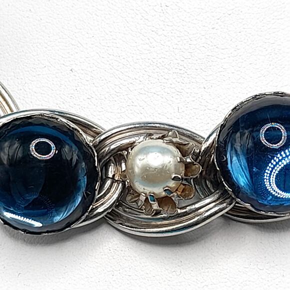 Vintage Blue Cabochon Choker Necklace, Faux Pearl Clear Rhinestone, 1950 Jewelry - Picture 4 of 10